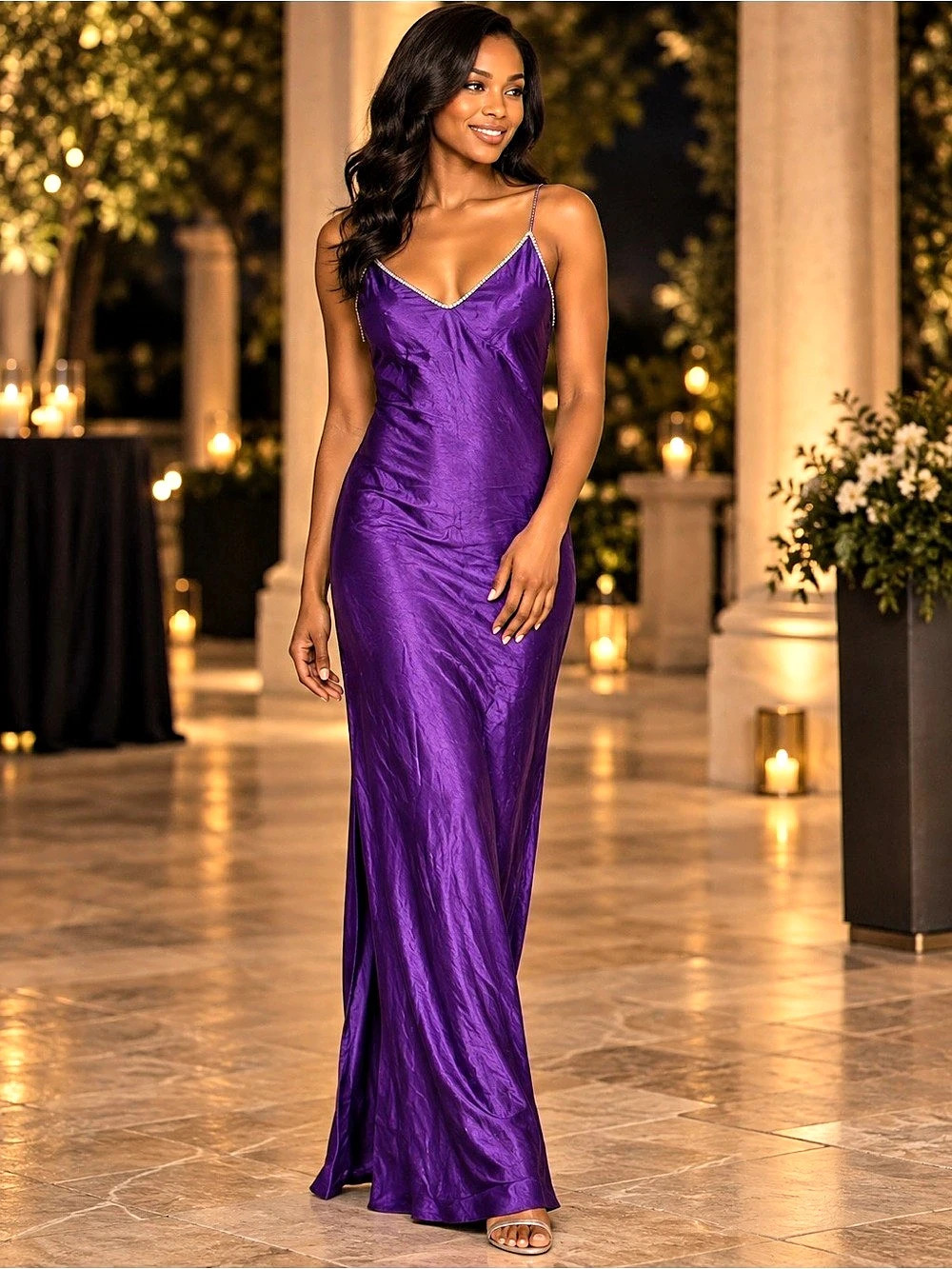 ASTR The Label Purple Rhinestone Trim Maxi Dress XS Satin Look V Neck NWOT